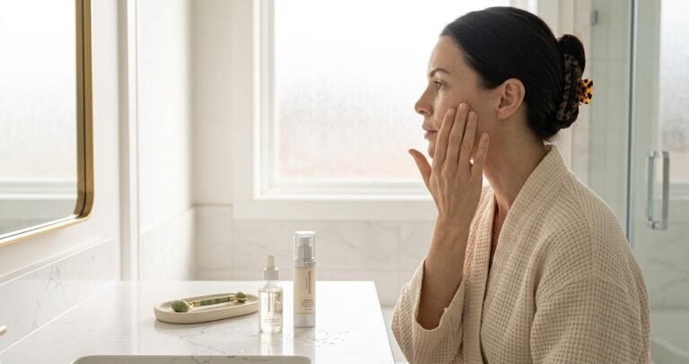 A woman doing a 10 minute practical morning skincare routine in natural bathroom window light.