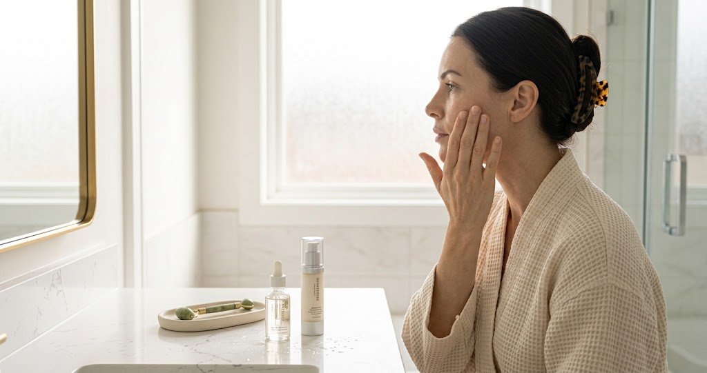 A woman doing a 10 minute practical morning skincare routine in natural bathroom window light.