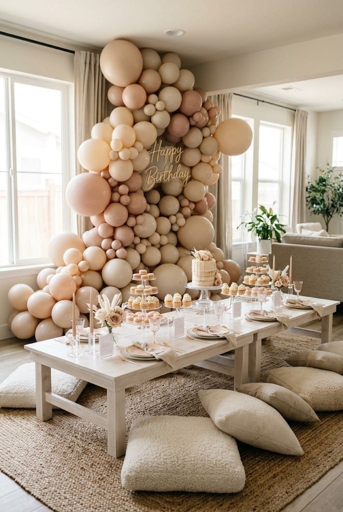 Matte balloon garland framing an aesthetic low table birthday setup at home.