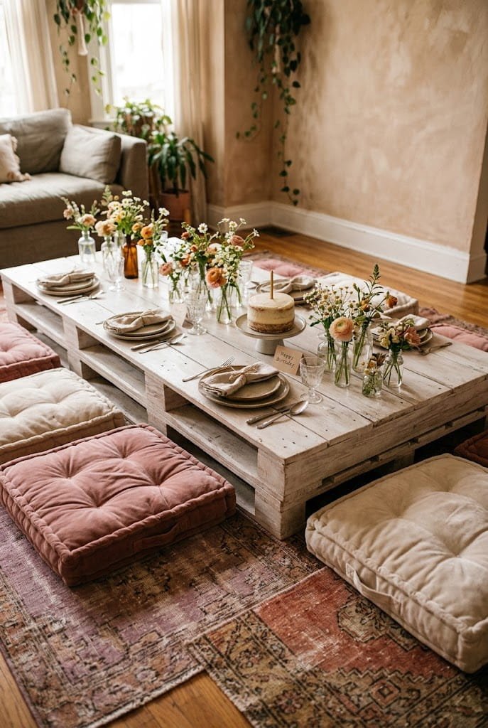 Layered vintage rugs and velvet cushions around an aesthetic low table birthday setup at home.