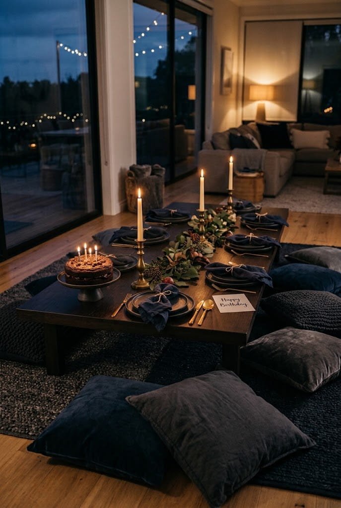 Evening candlelight and dark ceramics on an aesthetic low table birthday setup at home.