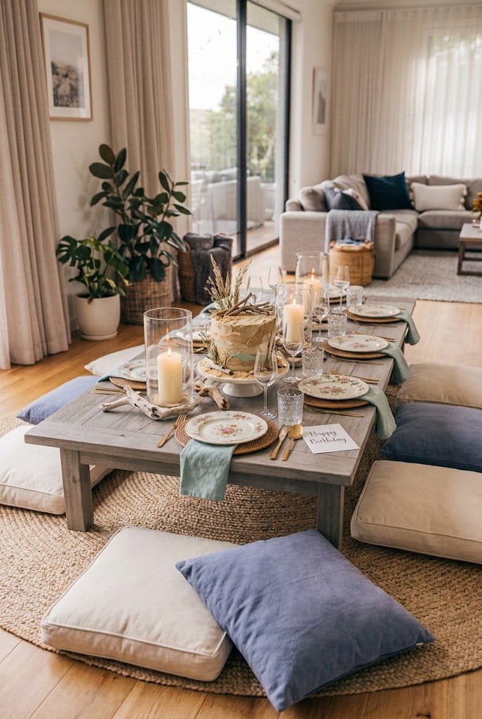 Coastal driftwood accents and seagrass mat on an aesthetic low table birthday setup at home.