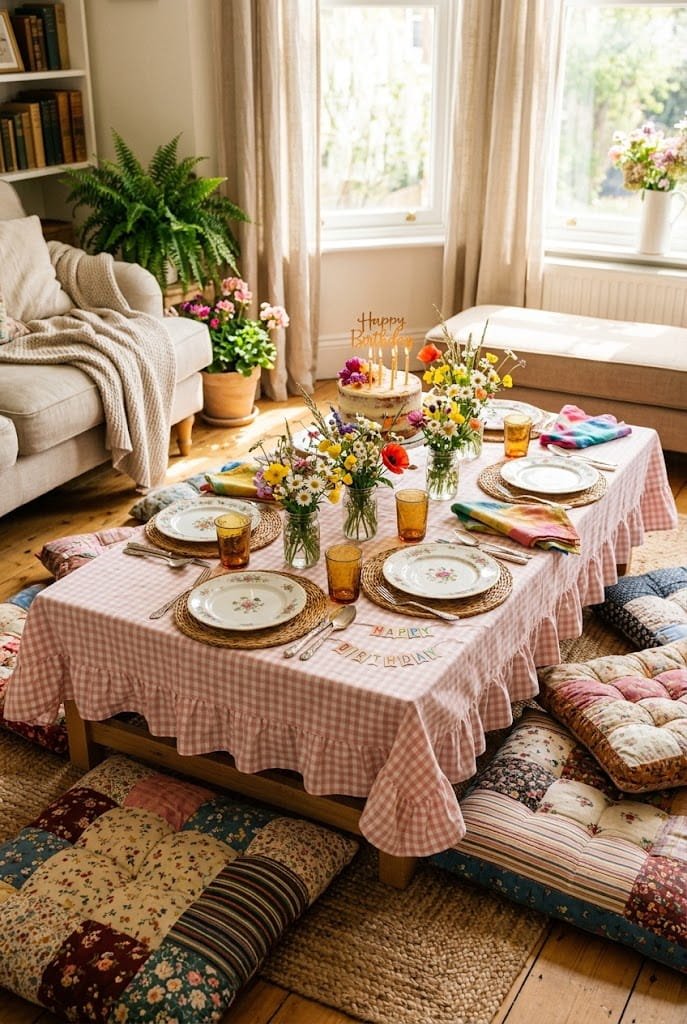 Soft pink gingham tablecloth on an aesthetic low table birthday setup at home