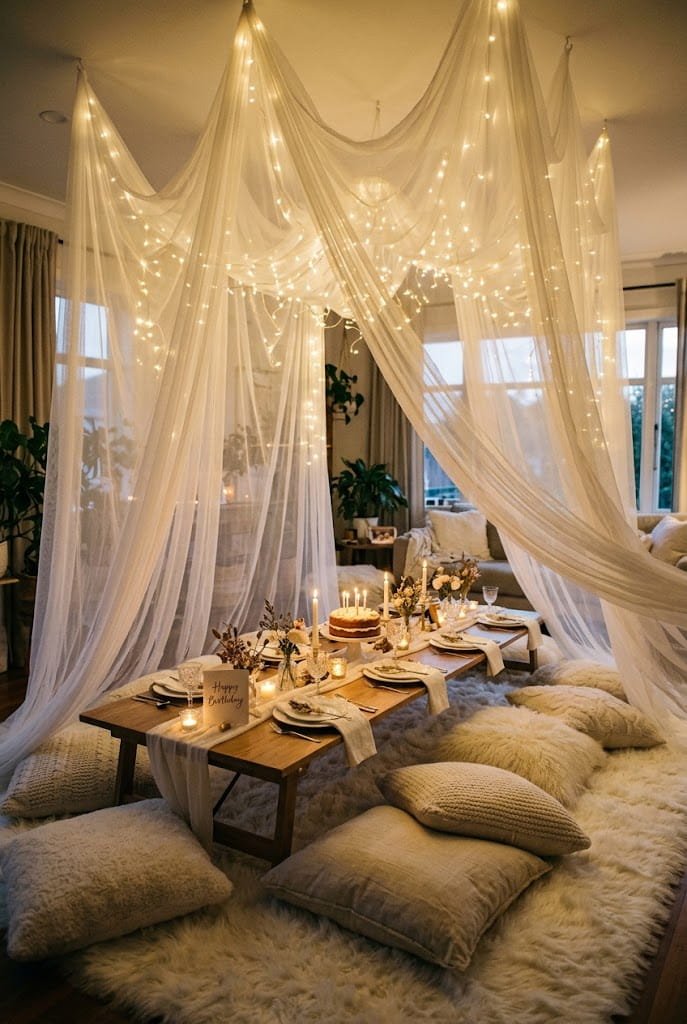 Sheer fabric canopy with fairy lights above an aesthetic low table birthday setup at home.