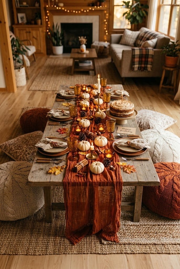 White pumpkins and amber votives on an aesthetic low table birthday setup at home.