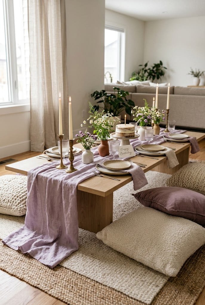 French linen runner and brass taper candles on aesthetic low table birthday setup at home.
