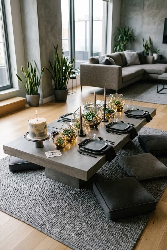 Geometric terrariums and succulents on an aesthetic low table birthday setup at home.