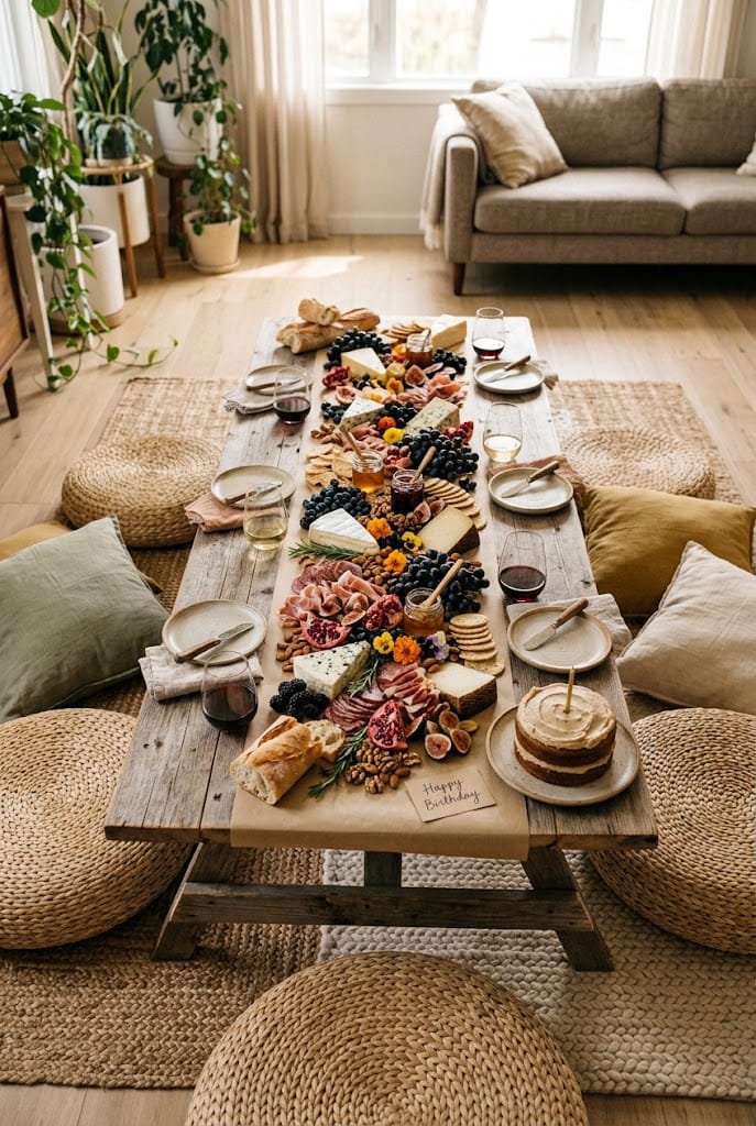 Tabletop grazing board centerpiece on an aesthetic low table birthday setup at home.