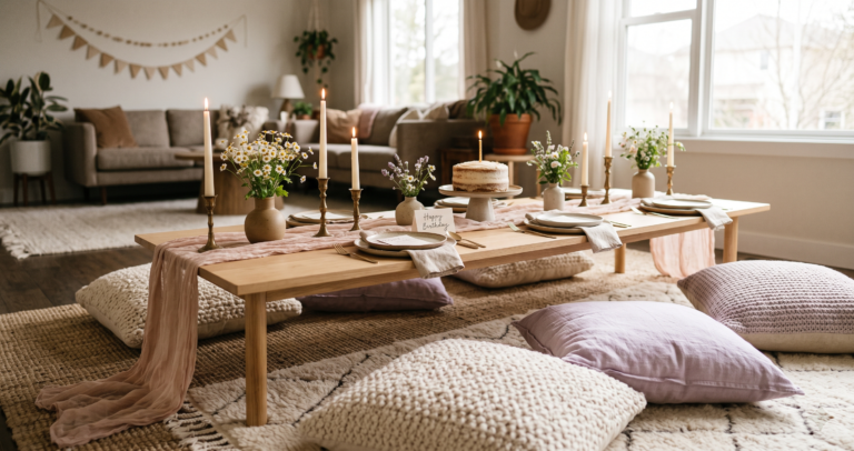Aesthetic low table birthday setup at home with floor cushions, candles, and floral runner.