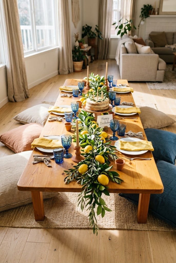 Fresh lemon branches and olive leaves on an aesthetic low table birthday setup at home.