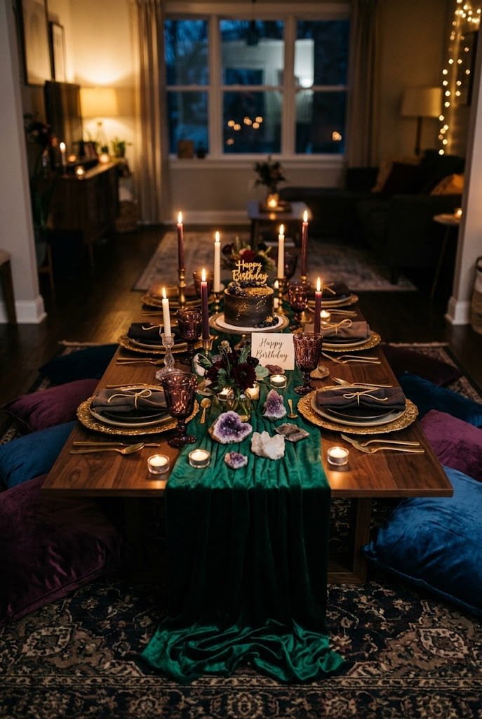 Emerald velvet runner and jewel-tone cushions on an aesthetic low table birthday setup at home.
