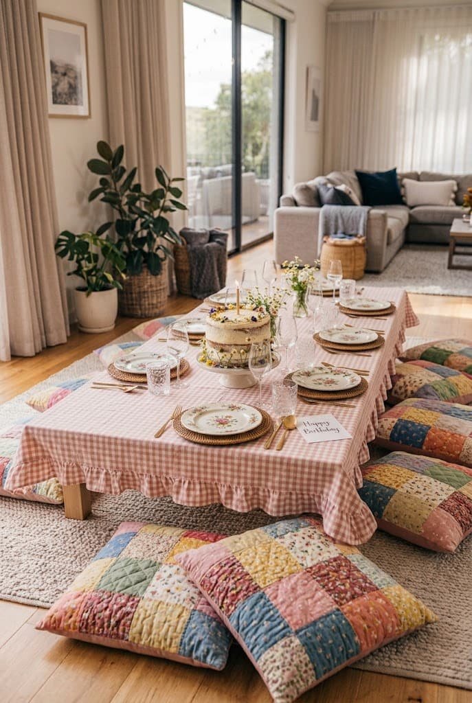 Modern marble table with gold flatware for an aesthetic low table birthday setup at home.