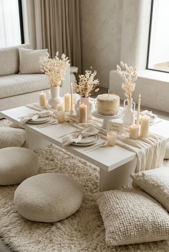 All-cream monochromatic aesthetic low table birthday setup at home with bouclé pillows.