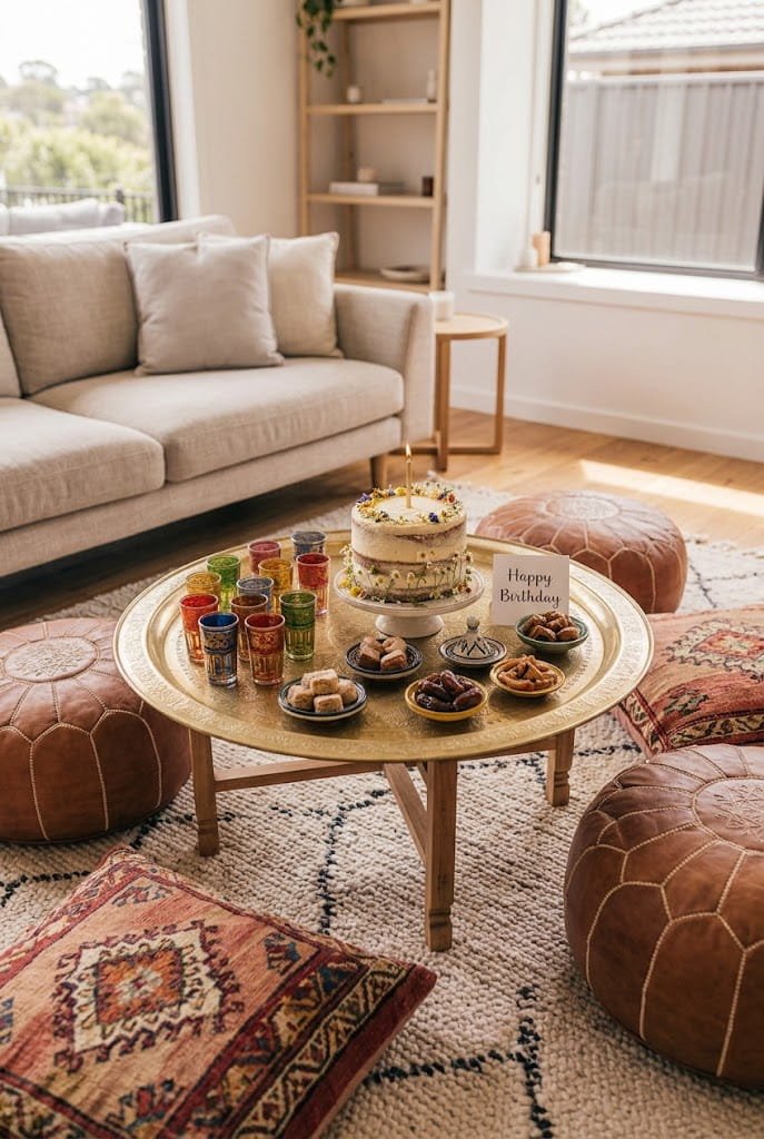 Round brass tray table and leather poufs for an aesthetic low table birthday setup at home.