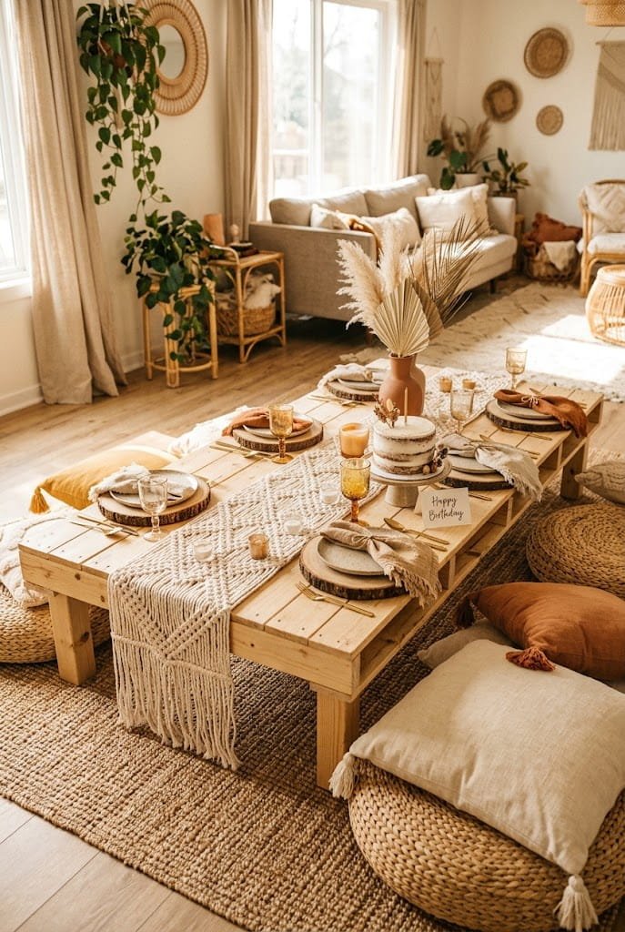 Dried pampas grass and macramé on an aesthetic low table birthday setup at home.