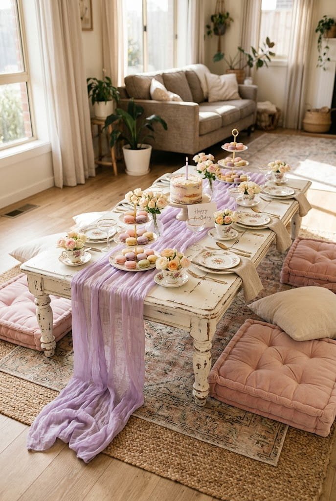 Macarons and vintage china on an aesthetic low table birthday setup at home.