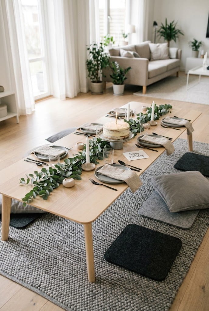 Scandinavian birch wood and eucalyptus on an aesthetic low table birthday setup at home.