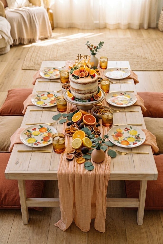 Terracotta runner and fresh fruit accents on an aesthetic low table birthday setup at home.