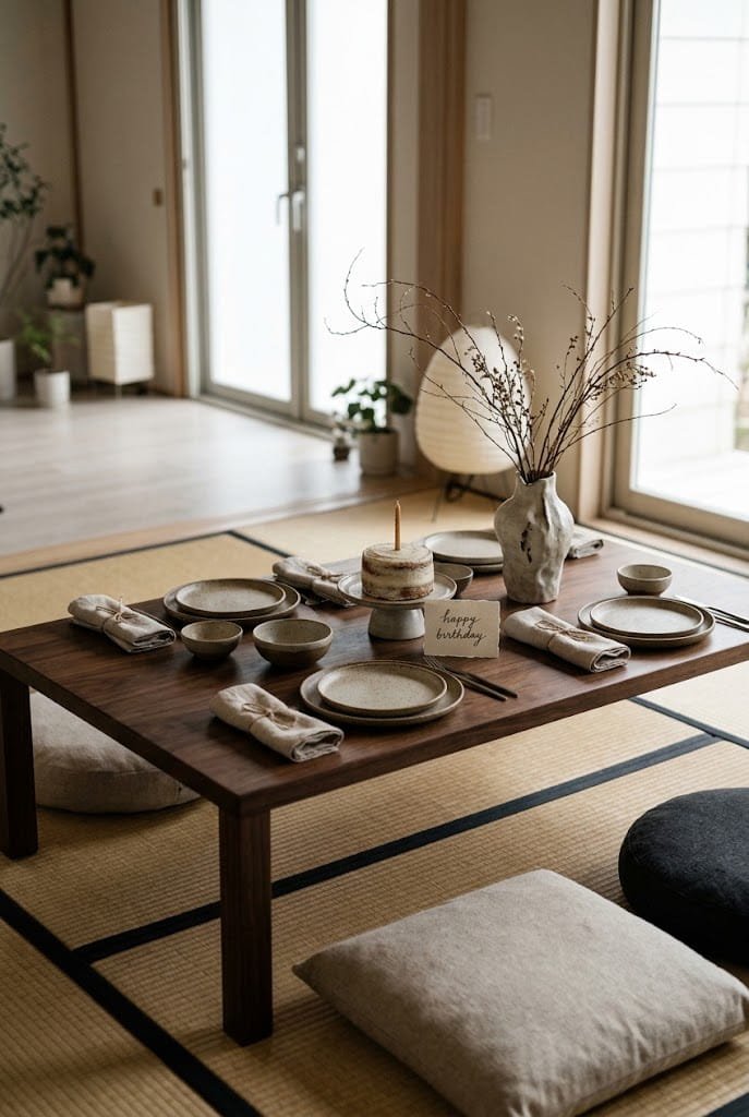 Minimalist dark wood aesthetic low table birthday setup at home with stoneware.