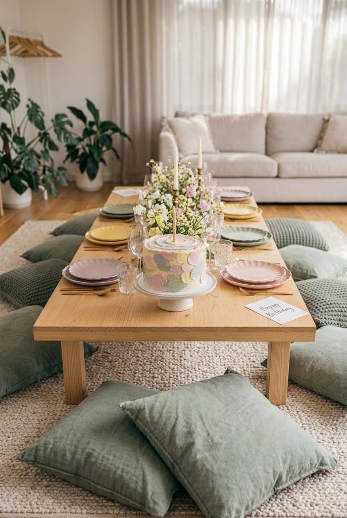 Wildflower meadow runner set along an aesthetic low table birthday setup at home.
