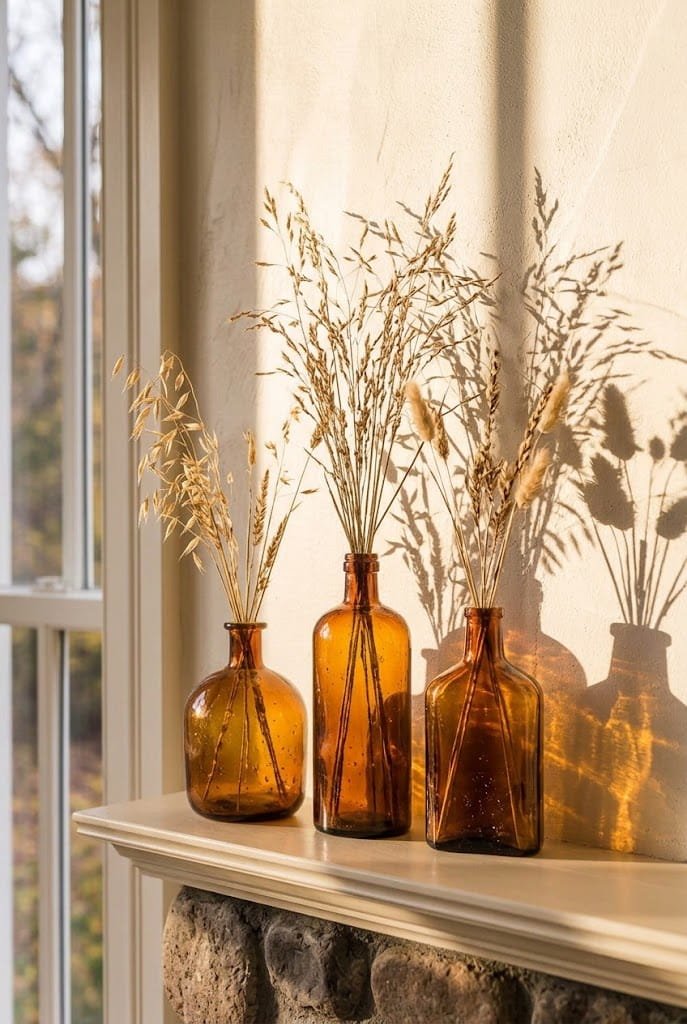 Repurposed amber glass bottles holding dried grass on a fall fireplace mantel.