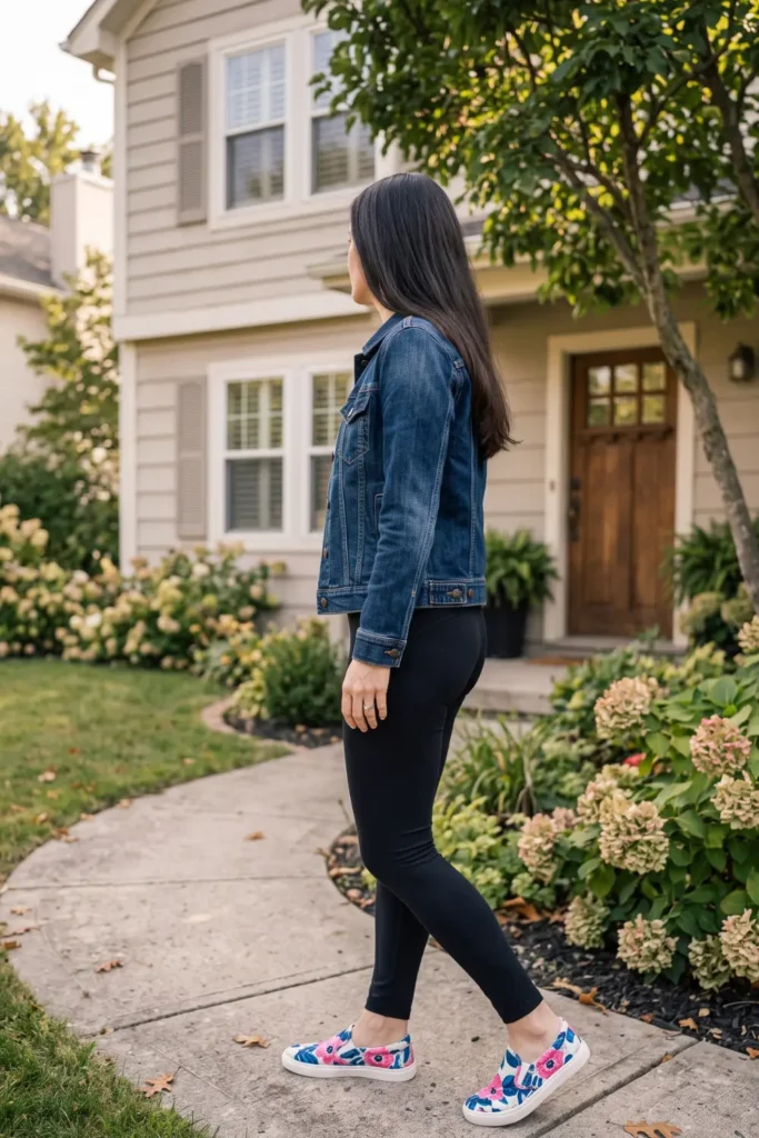 Black jersey jumpsuit paired with a denim jacket, stylish school drop off outfits for busy moms.