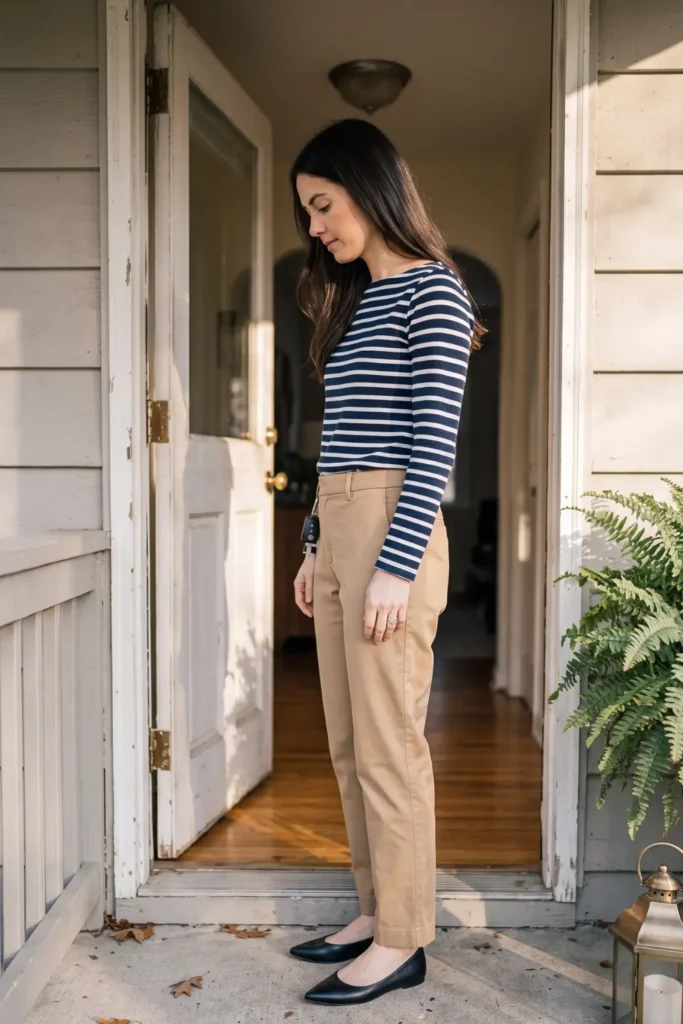 Breton stripe long-sleeve shirt paired with khaki chinos for stylish school drop off outfits.