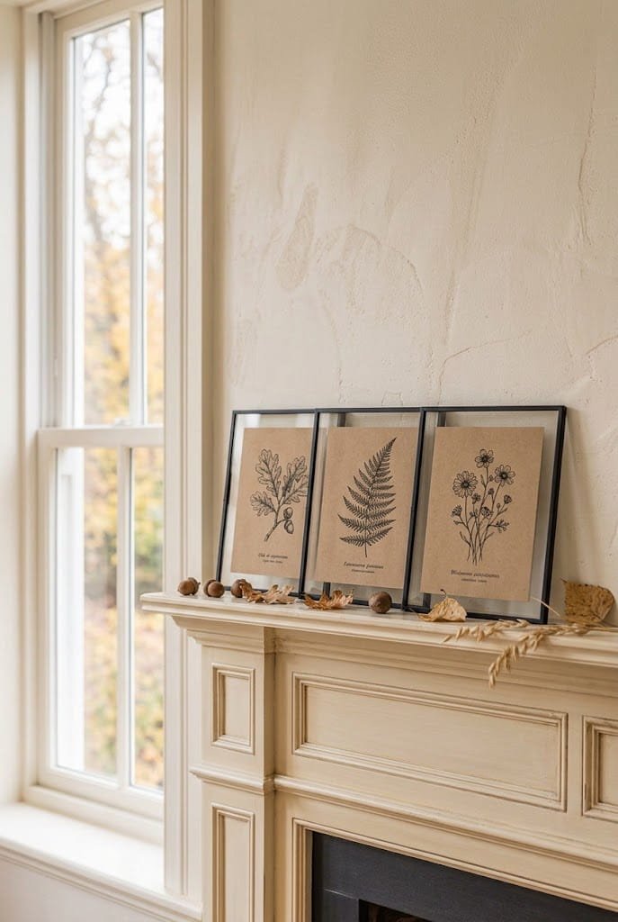 Vintage botanical prints on crinkled brown paper styled on an autumn mantel.