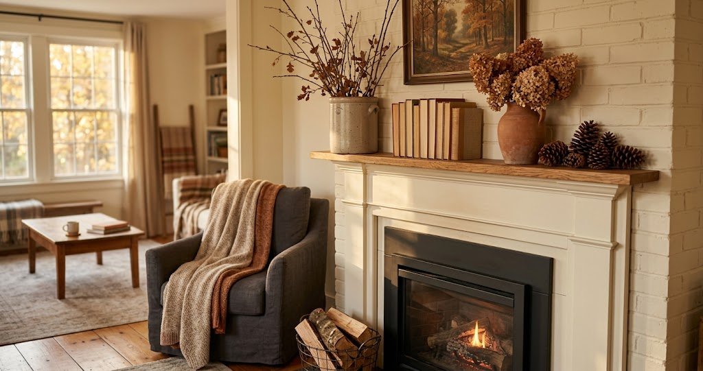 Neutral aesthetic fireplace with budget fall mantel decor ideas without spending money.