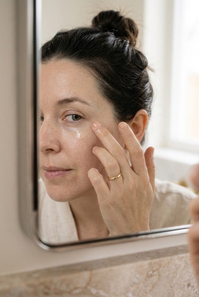 Caffeine eye gel application in a 10 minute practical morning skincare routine.