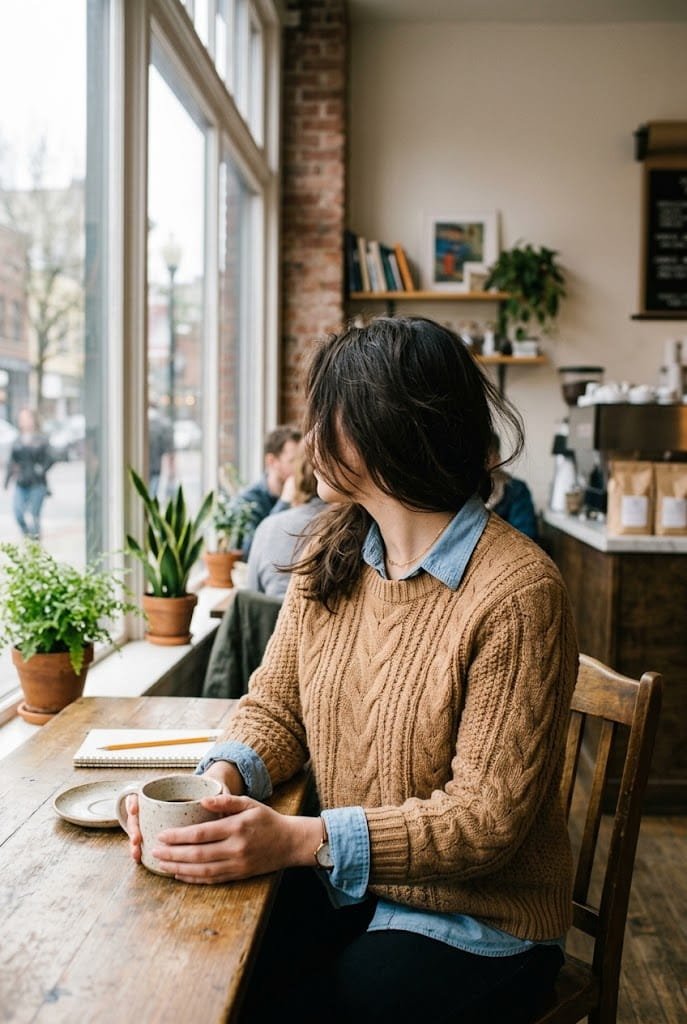 Camel cable-knit sweater layered over a chambray button-down shirt for casual camel outfit ideas.
