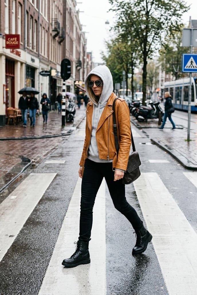 Camel leather biker jacket layered over a grey hoodie with black jeans for edgy camel outfit ideas.