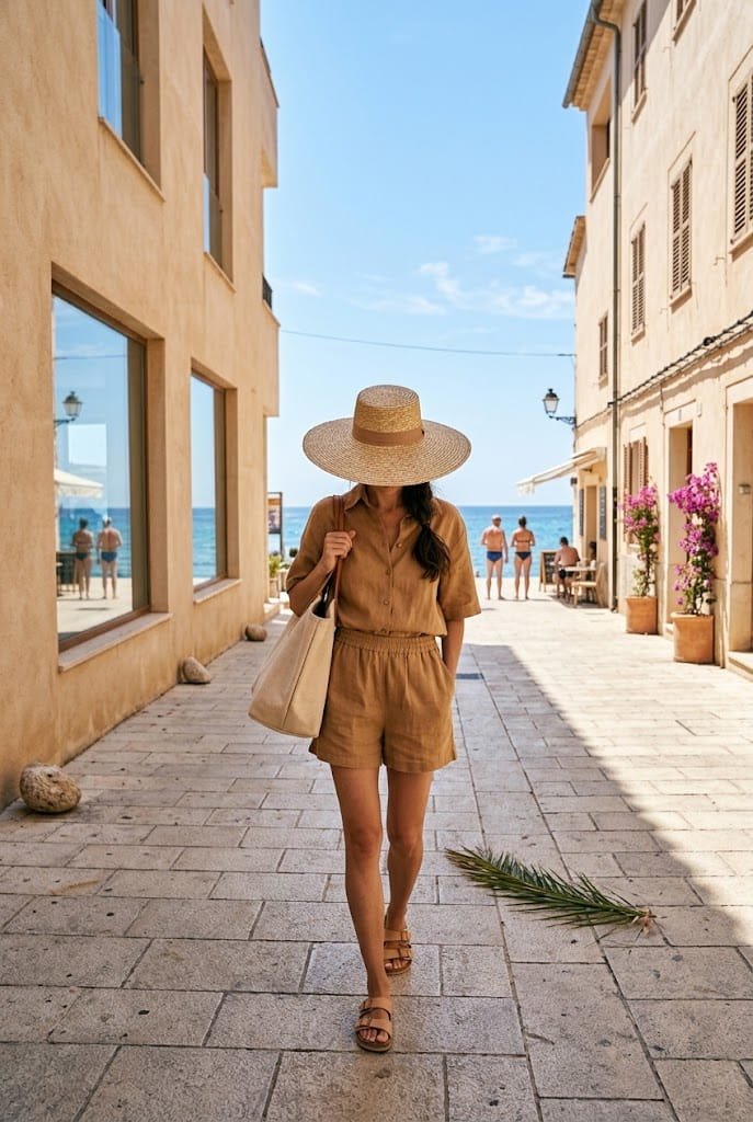 Matching camel linen shirt and shorts set paired with slides for summer camel outfit ideas.