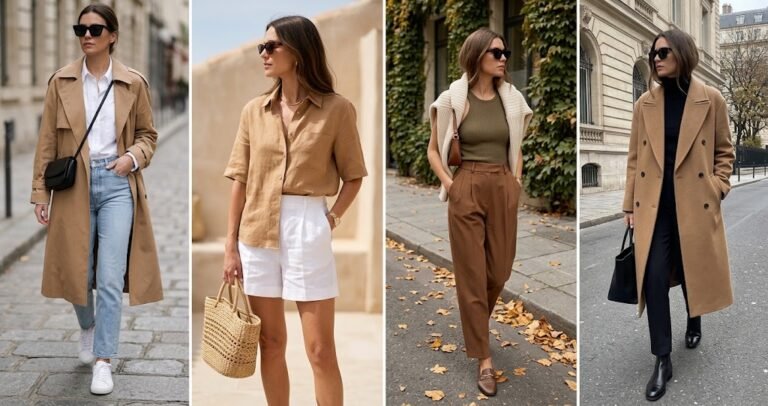 legant chic camel outfit ideas styled across all seasons with monochrome tailoring and neutral knits.
