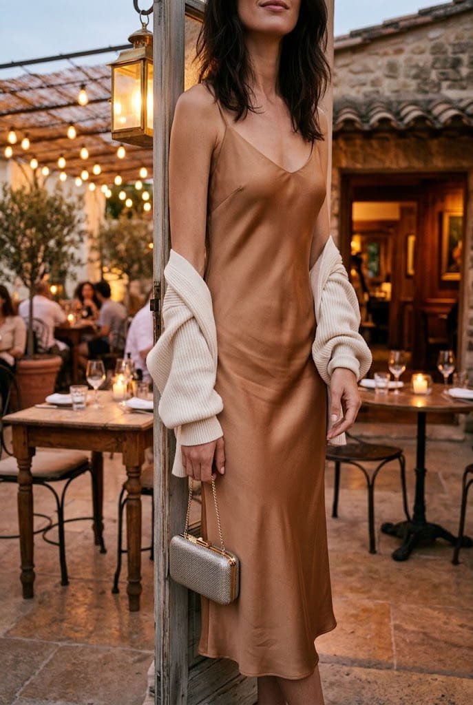 Camel satin slip midi dress layered with a cream cardigan for elegant camel outfit ideas.