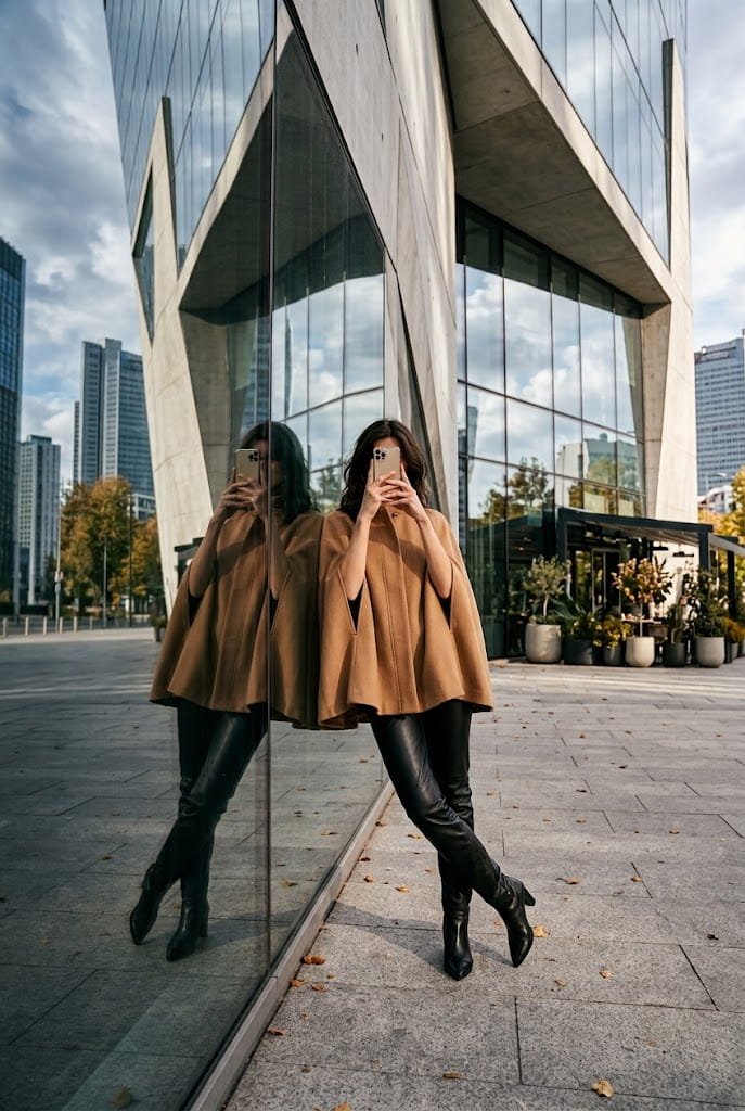 Tailored camel wool cape styled with sleek black leather pants for striking camel outfit ideas.