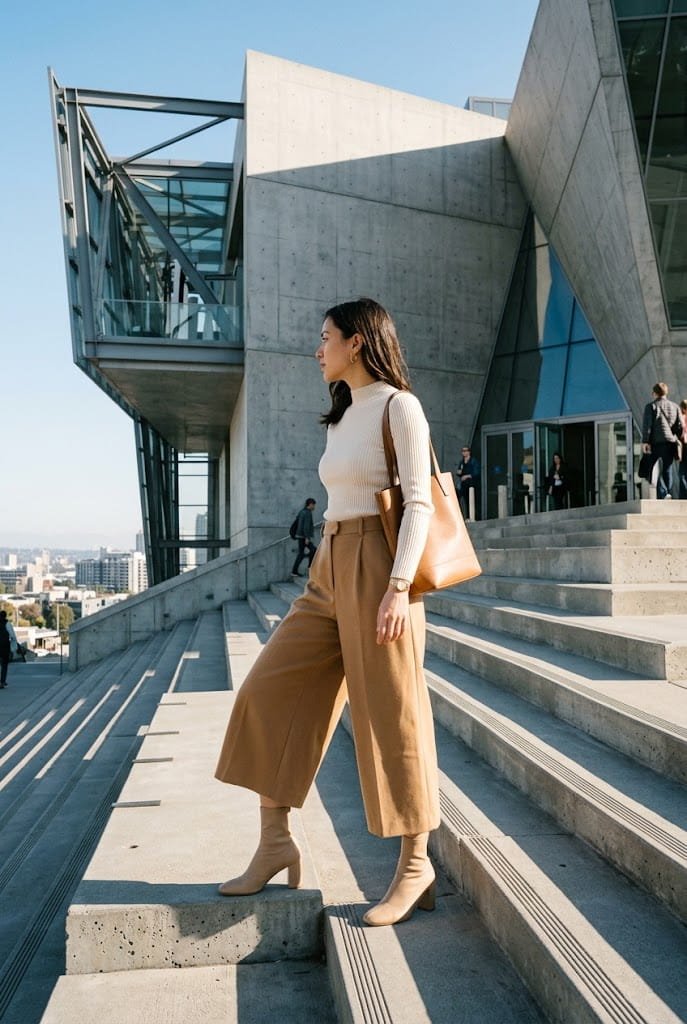 Camel wide-leg culottes paired with a cream mock neck top and sock boots for chic camel outfit ideas.