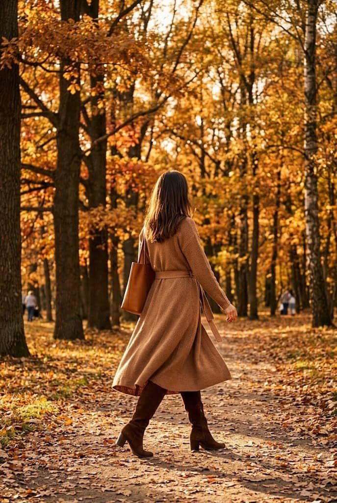 Camel knit wrap midi dress paired with chocolate brown suede knee boots for fall camel outfit ideas.