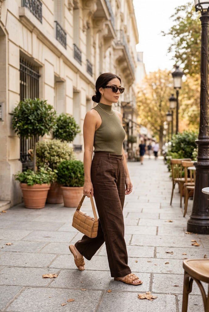 Chocolate brown linen trousers paired with an olive ribbed tank for warm humid fall weather.
