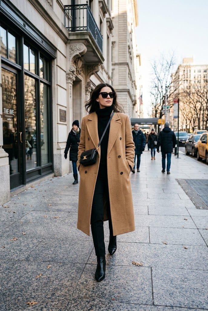 Classic double-breasted camel wool coat layered over a black turtleneck for winter camel outfit ideas.