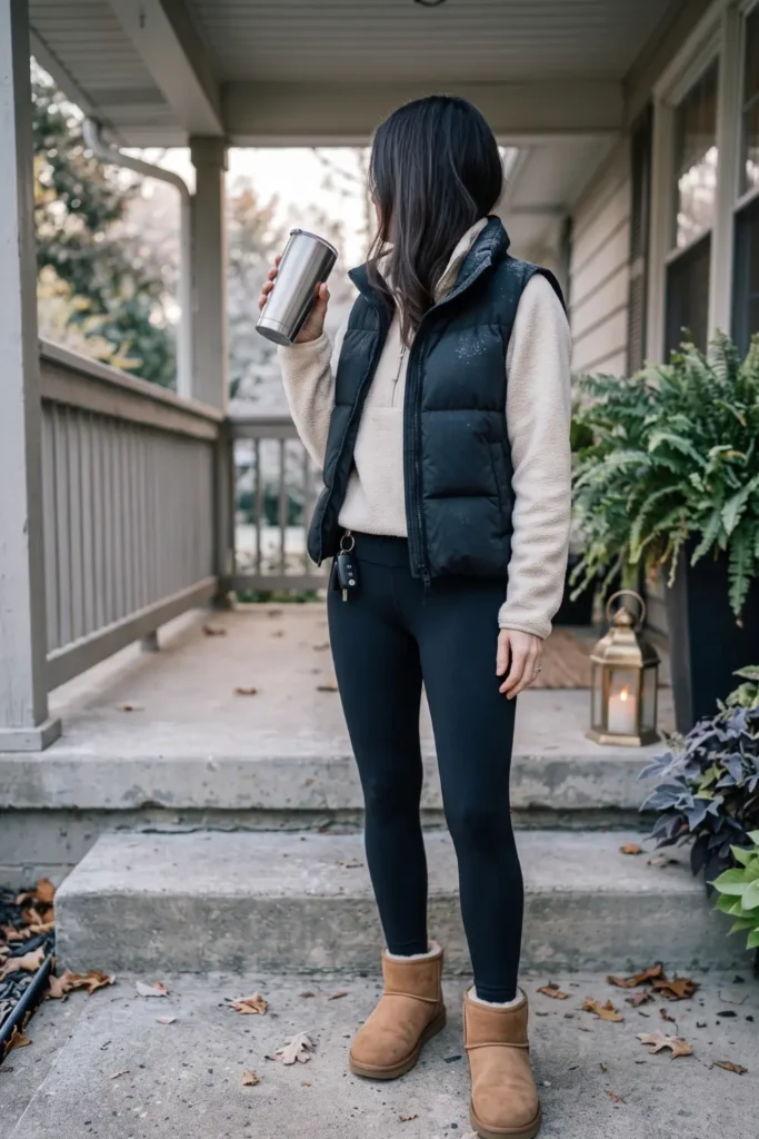 Cropped puffer vest worn over fleece leggings and mini boots for stylish school drop off outfits for moms.