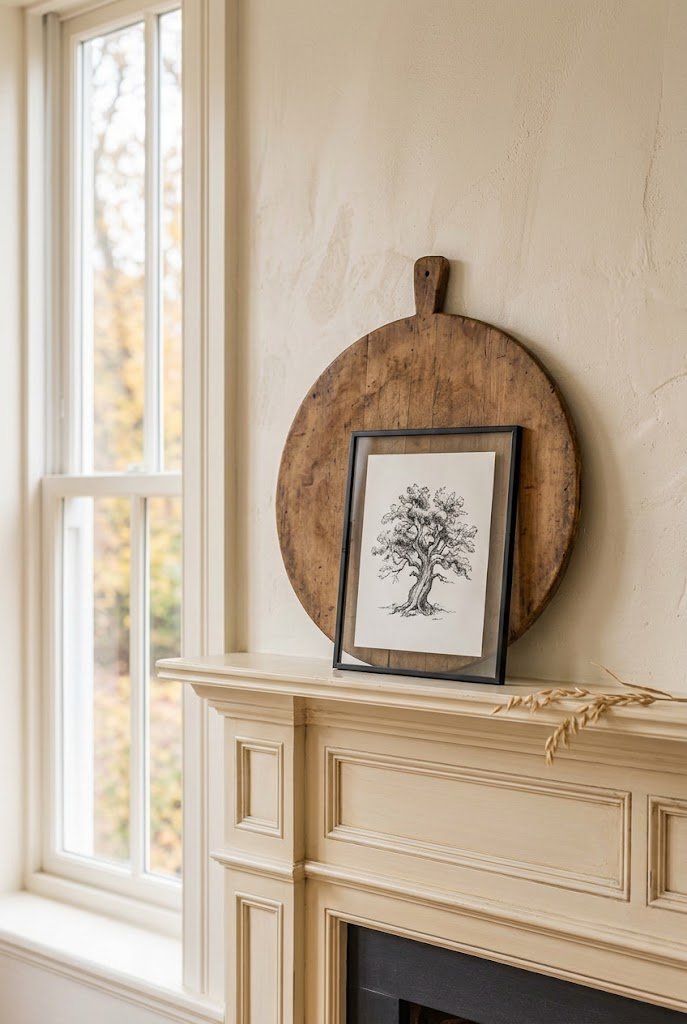 Wood cutting board layered behind artwork on a budget fall fireplace mantel.