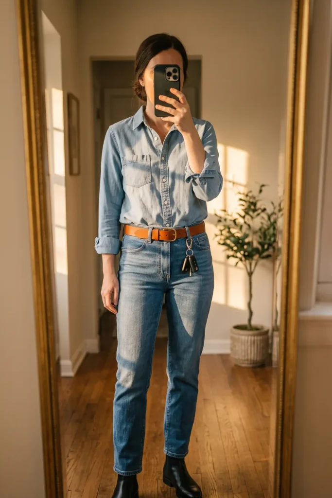 Relaxed chambray shirt tucked into classic blue jeans for stylish school drop offs.