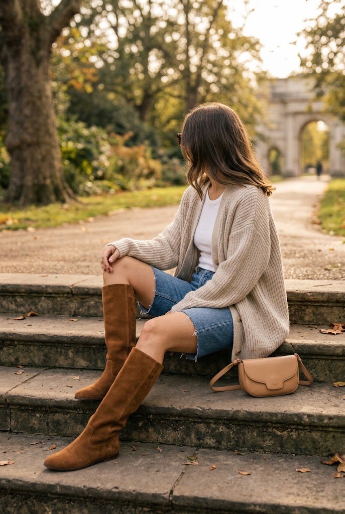 Denim shorts styled with chunky cardigan and knee-high boots for transitional weather.