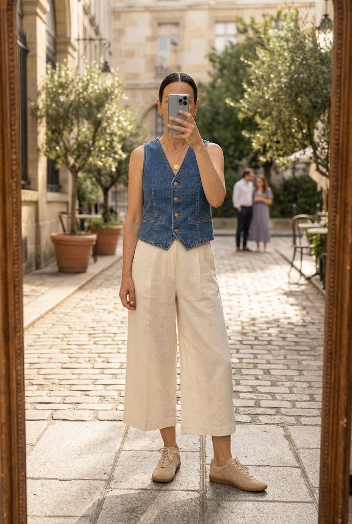 Blue denim vest worn as a top with cream linen culottes for warm humid weather fall outfits.
