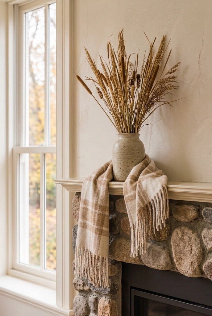 Draped plaid scarf with fringe on a cozy budget fall fireplace mantel.