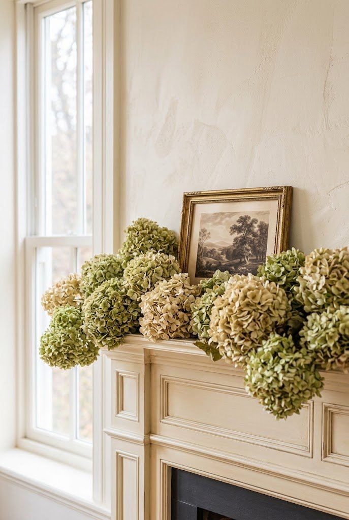 Dried garden hydrangea flower heads arranged along an aesthetic fall fireplace mantel.