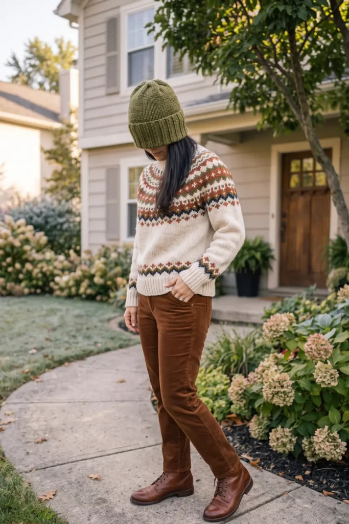 Fair Isle patterned knit sweater styled with brown corduroy pants, stylish school drop off outfits for busy moms.