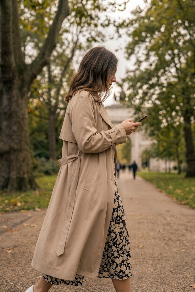 Floral summer midi dress layered with classic beige trench coat for early fall.