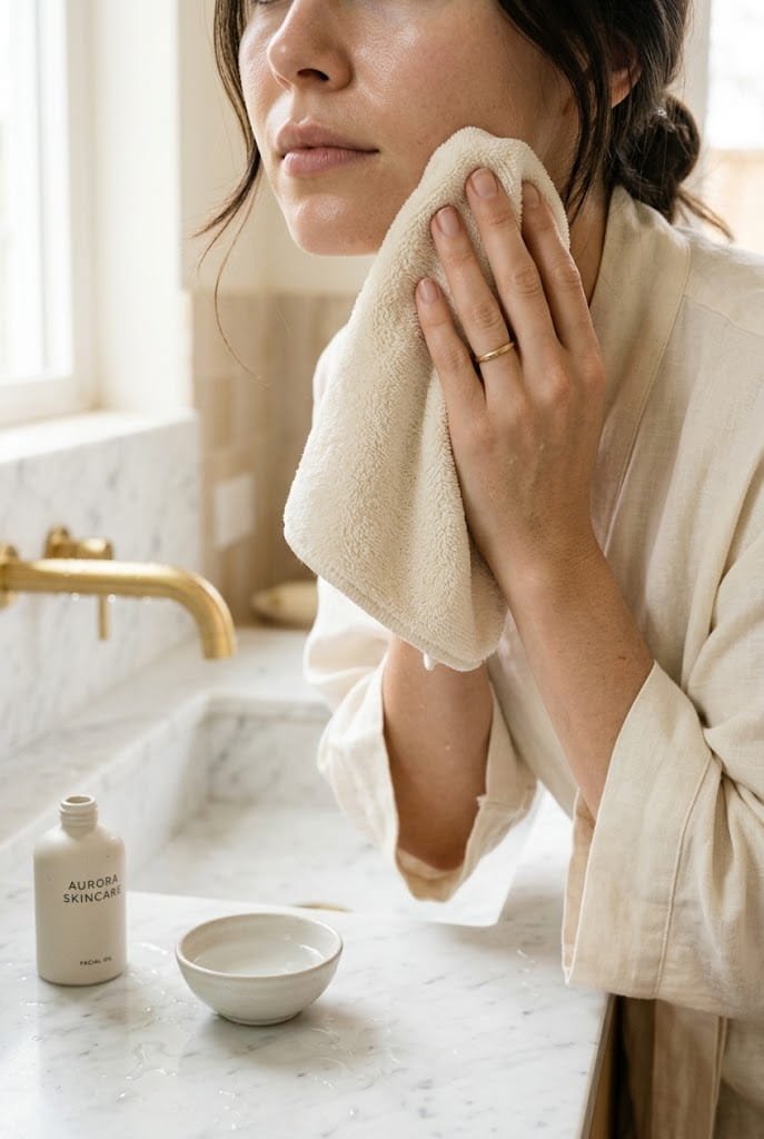 Gentle cleansing step for a 10 minute practical morning skincare routine.